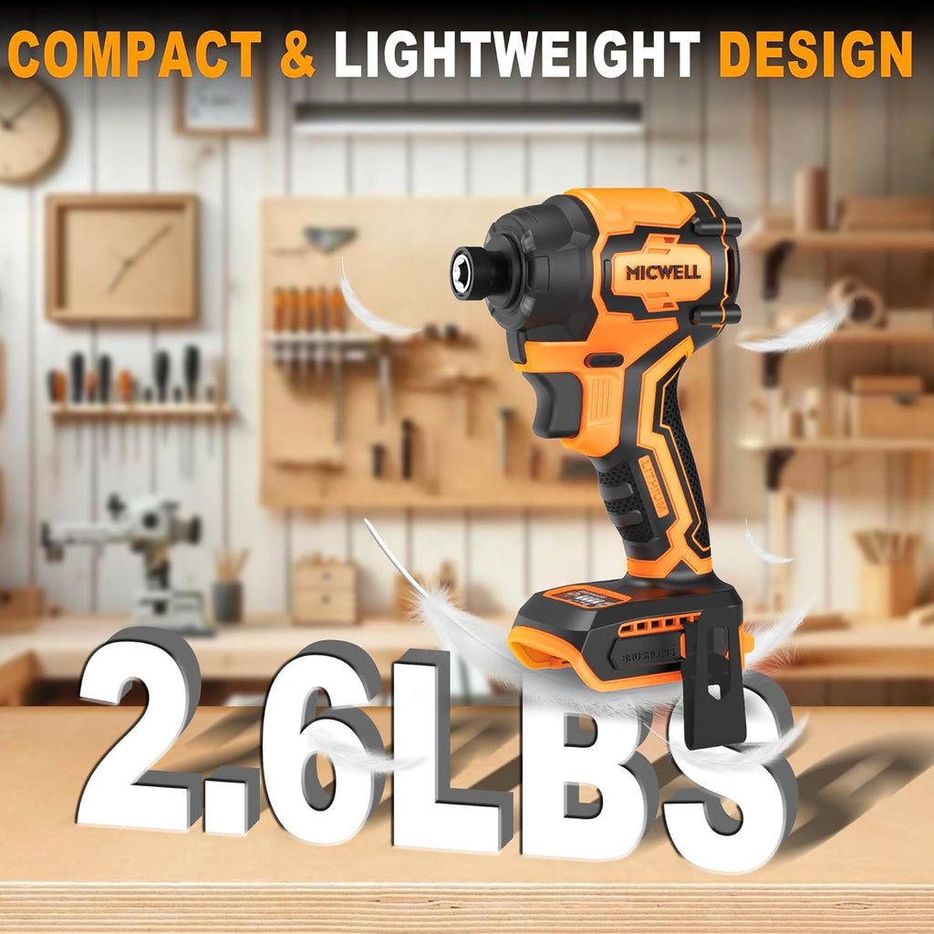 MICWELL 2-in-1 Cordless Power Tool Combo Kit: 4-Speed Brushless Impact Driver with LED Work Light & 5-Speed Variable Leaf Blower with 2 Handle Rotation Angles, Compatible with 20V Max Battery