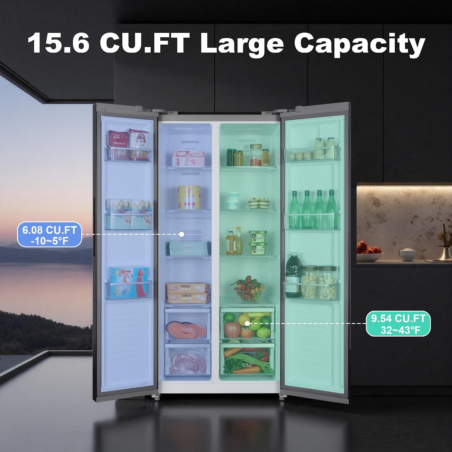 Iceblue 15.6 Cu.Ft. Side-by-side Refrigerators, 33' Full Size Refrigerator, Zoning Temperature Control Beverage Refrigerator with Freezer, Frost Free Beverage Fridge - Black Stainless Steel