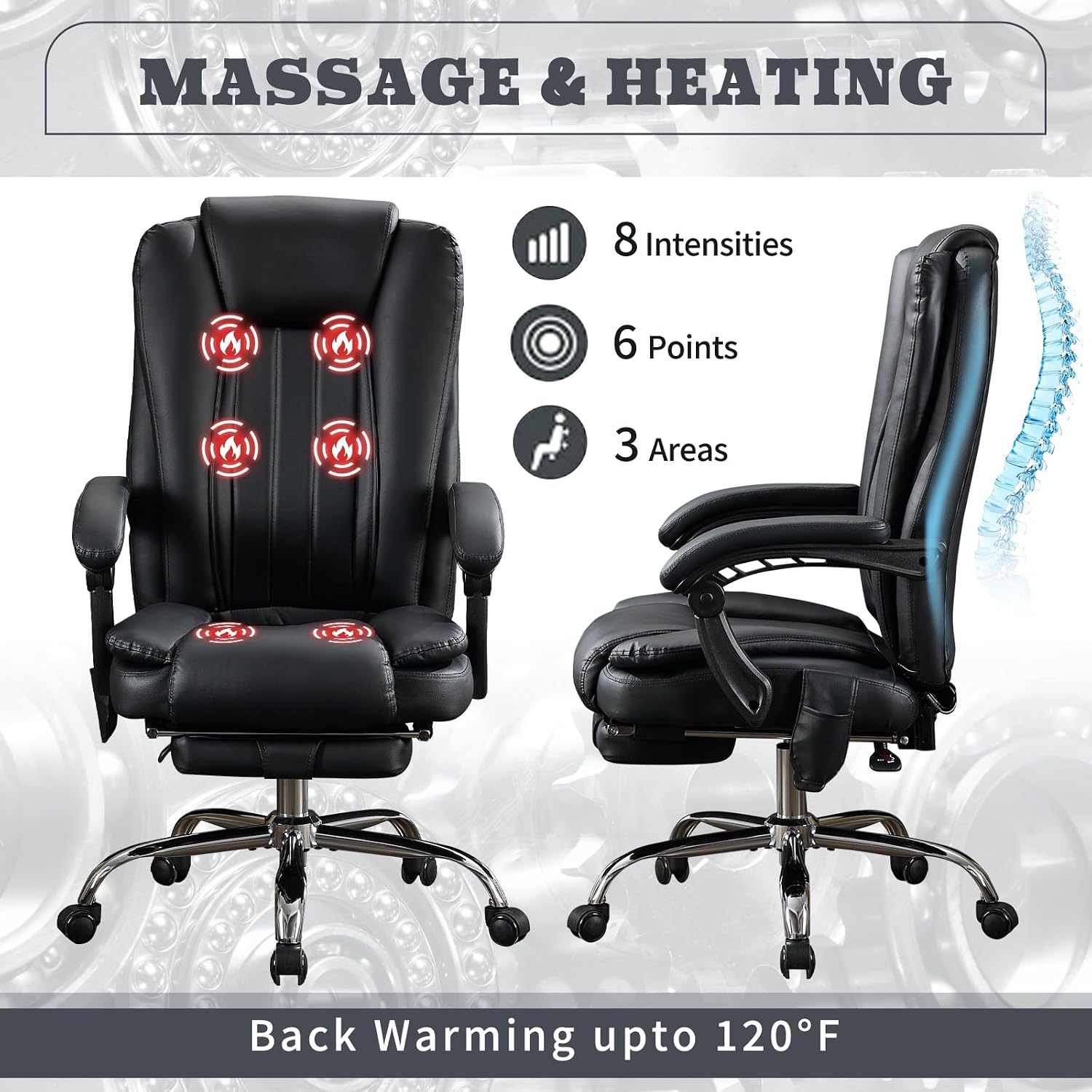Massage Office Chair with Footrest, Heated 6-Point Vibration Ergonomic Executive Office Chair for Home, Big and Tall 500lbs Capacity Reclining High Back Computer Chair for Heavy People, PU Leather