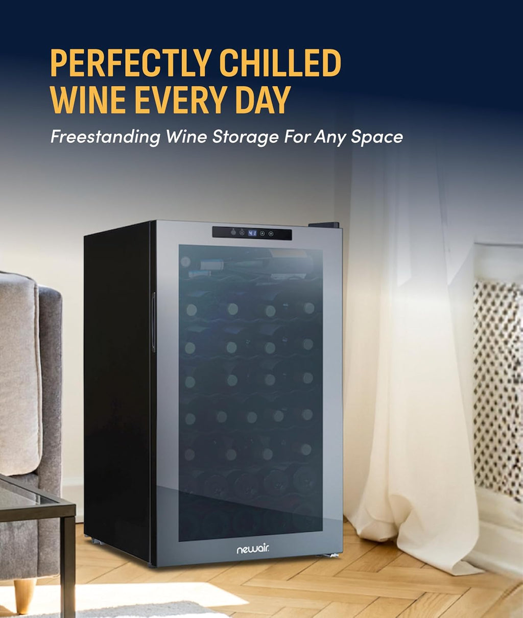 NewAir 20' Wine Fridge for 51 Bottles | Built-In or Freestanding Wine Cooler Refrigerator with Glass Door | Mirrored Double-Pane Design, Compressor Cooling & Adjustable Shelves | Black