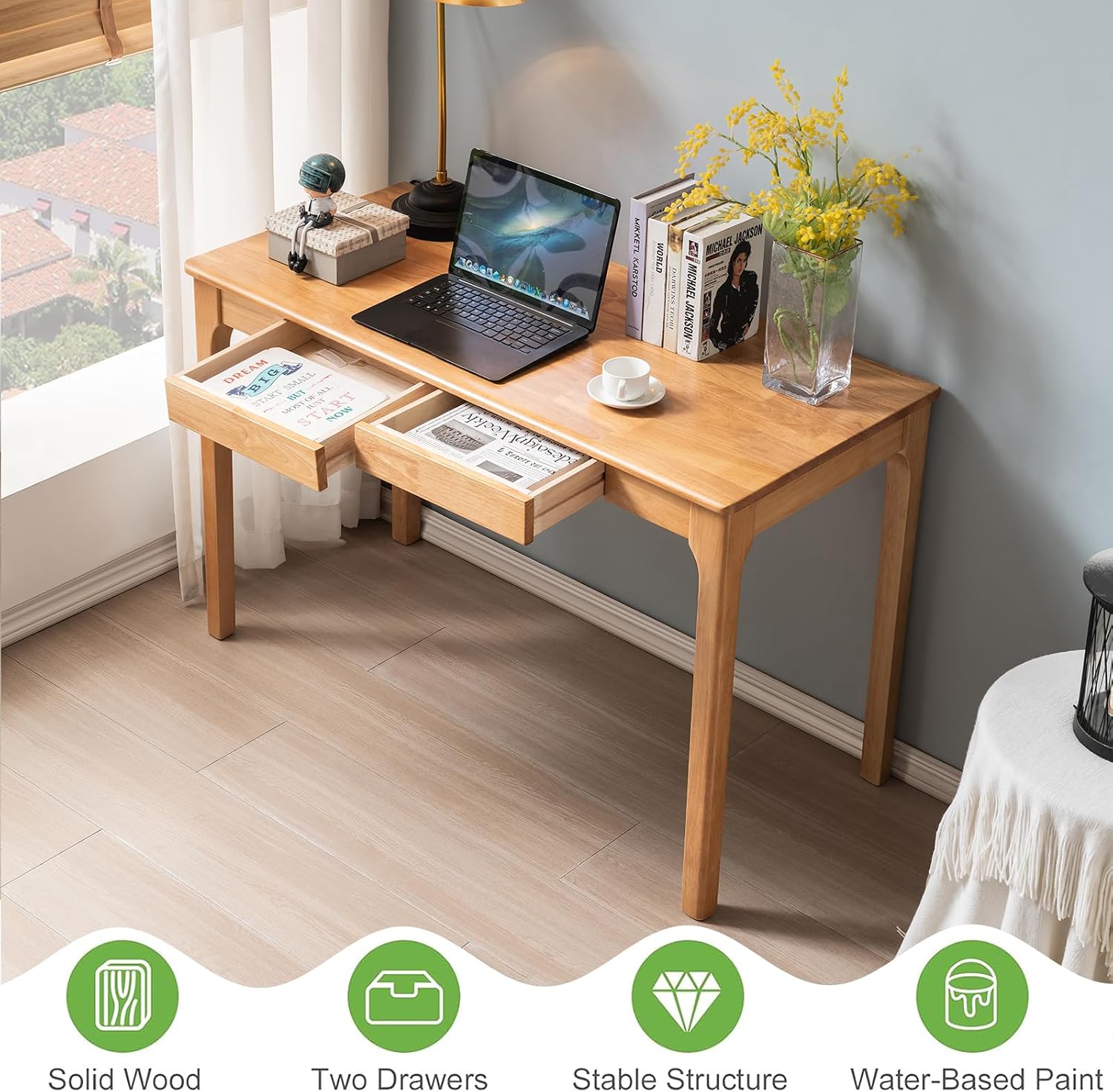 Solid Wood Desk, Gaming Study Home Office Desks for Work, Student PC Desk for Bedroom, Small Computer Desk for Small Spaces, Easy to Assemble (Wood Color, 39inch)