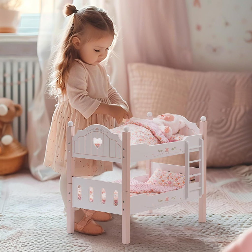 ROBOTIME 4-in-1 Wooden Baby Doll Furniture Set - Includes Doll Crib with Storage, High Chair, Rocking Bassinet, and Stackable Bunk Bed - Fits Dolls up to 21 Inches - Pretend Play Gift for Girls Ages 3