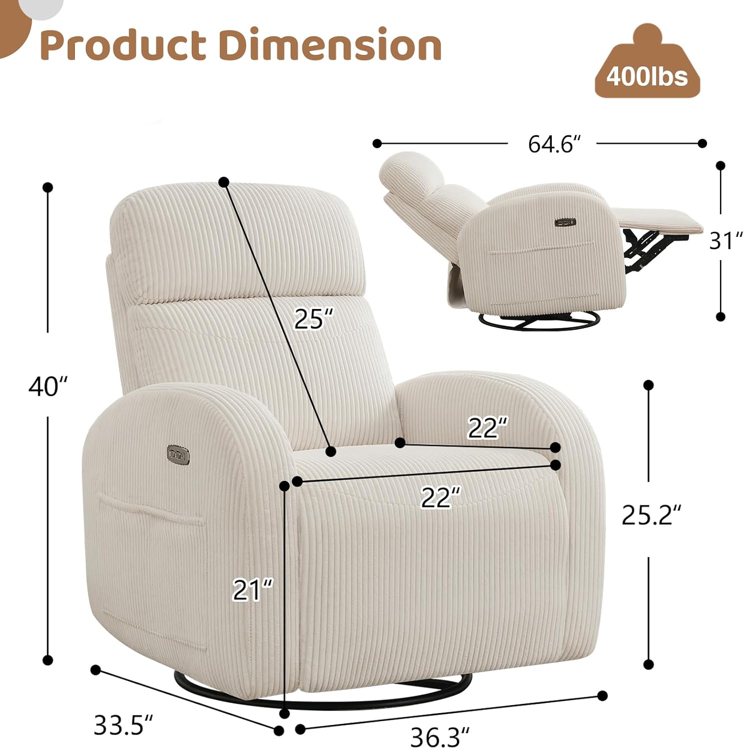 Power Nursery Glider Recliner, Swivel Glider Recliner with USB & Type-C Port, Swivel Reclining Nursery Rocker with Double Pockets for Living Room, White,Corduroy