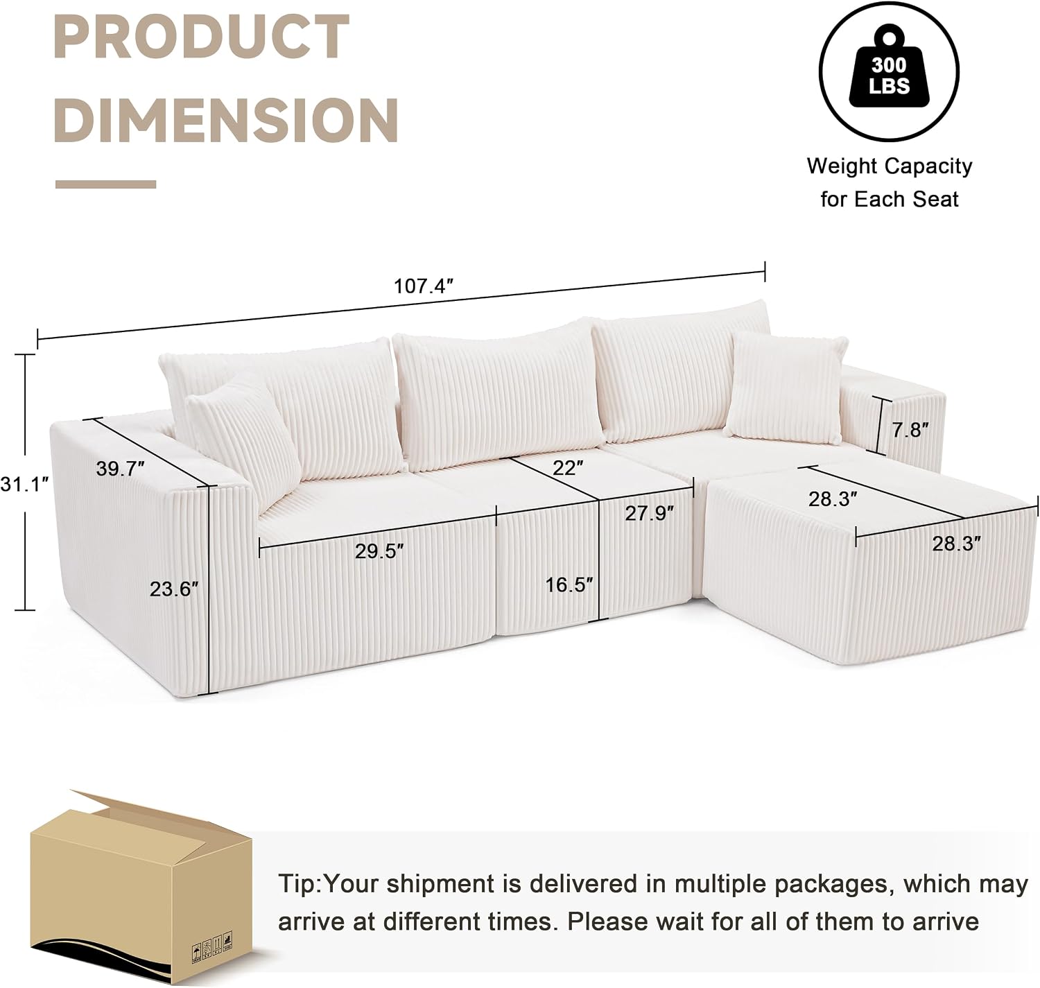 Weture 107.4' Cloud Couch Sectional, Modular Sofa with Deep Seat, Plush Corduroy L Shaped Boneless Couch, Convertible Sectional Couches for Living Room, 4Seat, Beige