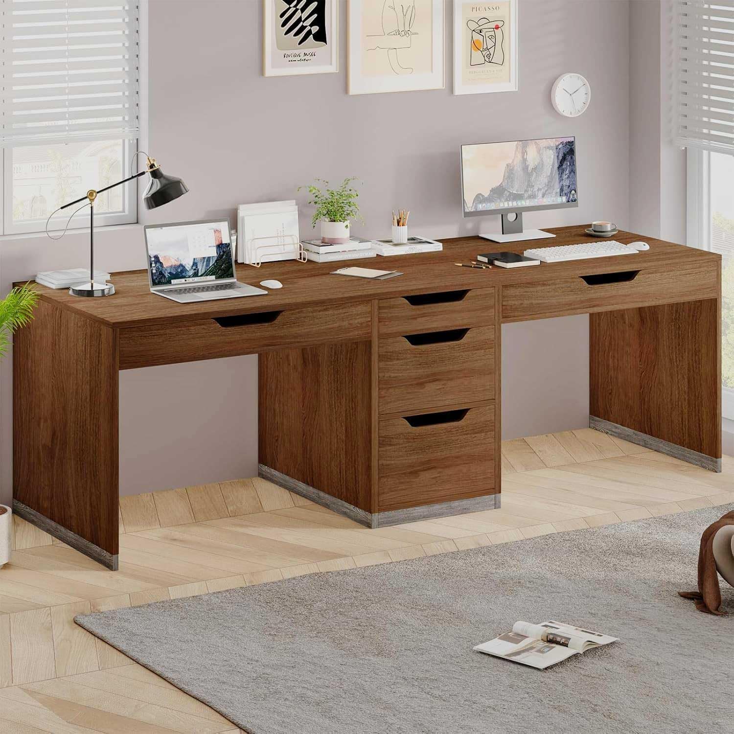 MaverickFurni Two Person Desk with 5 Drawers, Double Desk with Storage for 2 People, 78 Inch Extra Long Computer Desk Workstation with File Drawer for Home Office, Brown