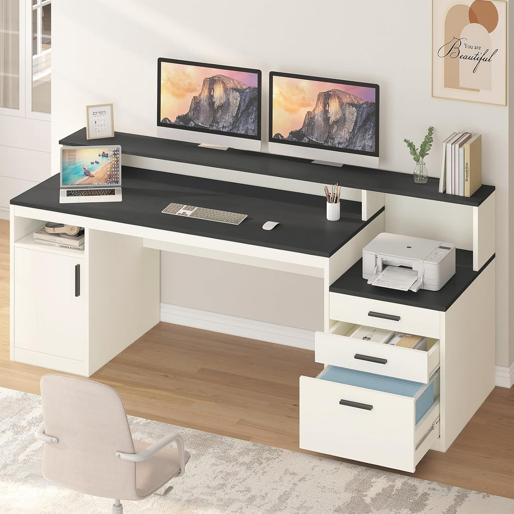 YOMILUVE 65 Inch Computer Desk with 3 Drawers & Storage Shelves, Executive Desk with File Drawer & Cabinet, Home Office Desk with Long Monitor Stand & Printer Shelf, Black & White