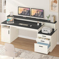 YOMILUVE 65 Inch Computer Desk with 3 Drawers & Storage Shelves, Executive Desk with File Drawer & Cabinet, Home Office Desk with Long Monitor Stand & Printer Shelf, Black & White