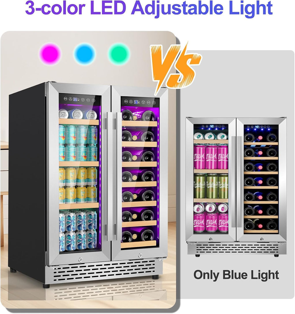 24 Inch Wine and Beverage Refrigerator, 90 Can & 21 Bottle Dual Zone Under Counter or Freestanding Wine Beverage Cooler, 3 LED Stainless-Steel Fridge with Glass Door Fast Cooling for Home/Kitchen