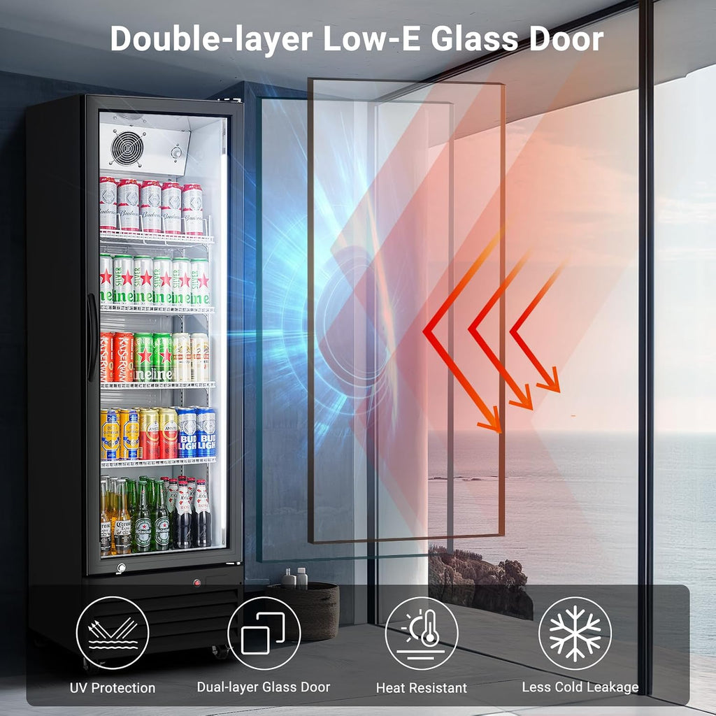 BODEGA BODEGACOOLER Glass Door Commercial Drink Refrigerator,12.5 Cu.Ft Display Merchandiser Refrigerator,Upright Commercial Beverage Display Drink Cooler with Soft LED Light,Adjustable Shelves,Black