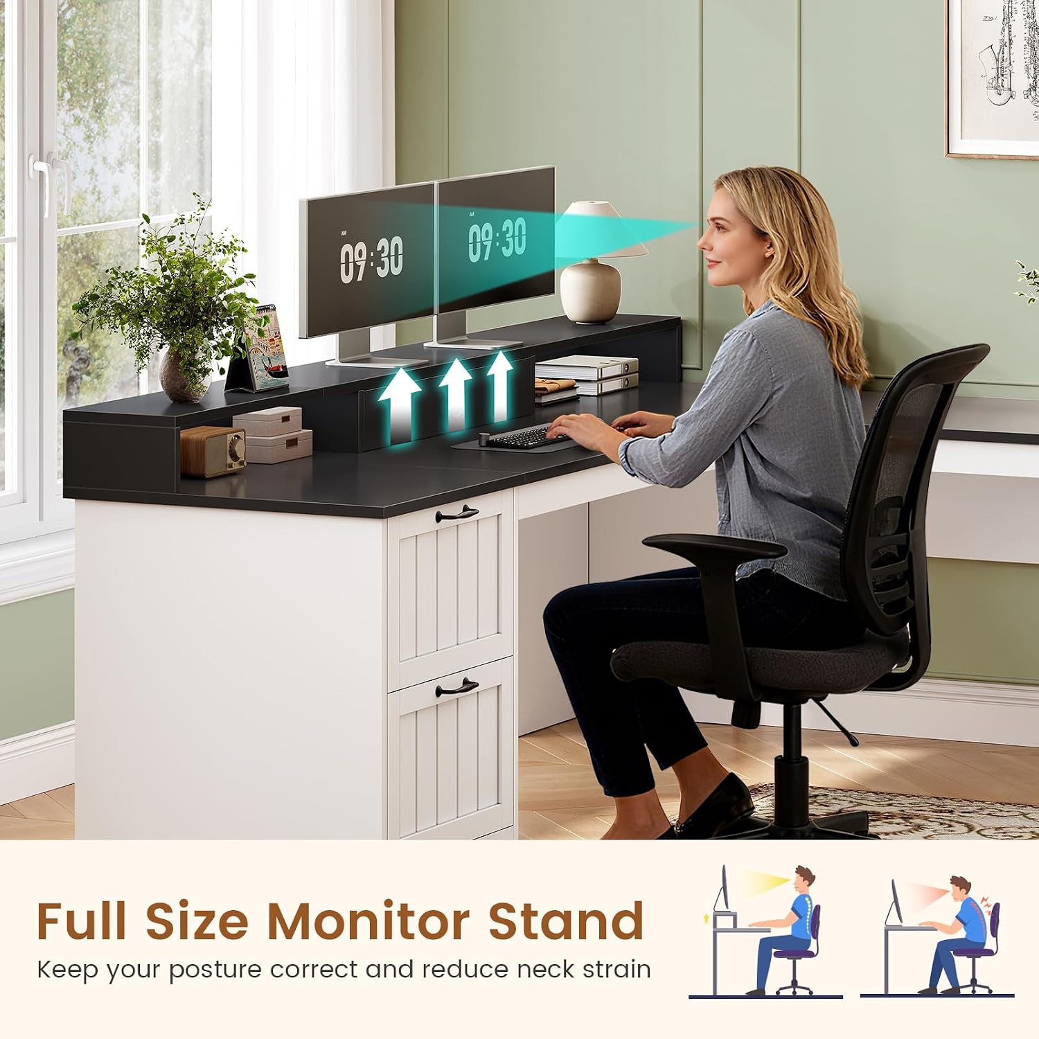 SEDETA 63' L Shaped Desk with Drawers, Farmhouse Office Desk with File Drawers, Wood Corner Computer Desk with Storage, Home Office Desk with Monitor Stand and Storage Cabinet, Black and White