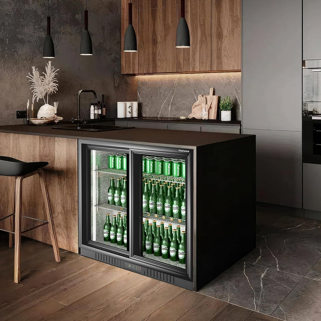36 Inch 228 Cans Double Door Back Bar Beverage Cooler, 6.5 cu. ft. Under Counter Glass Bar Fridge With Sliding Door, Lockable, 32-50F Display Refrigerator, ETL & NSF7 Certified