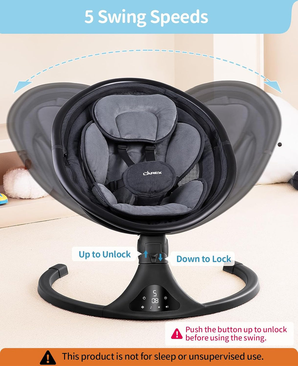LAREX Baby Swing to Toddler Electric Infant Swing Portable for Newborn Boy Girl, 5 Sway Speeds with Remote Control, 12 Preset Melodies and Bluetooth, 0-6 Months Max 20 Lbs (Modern Black)