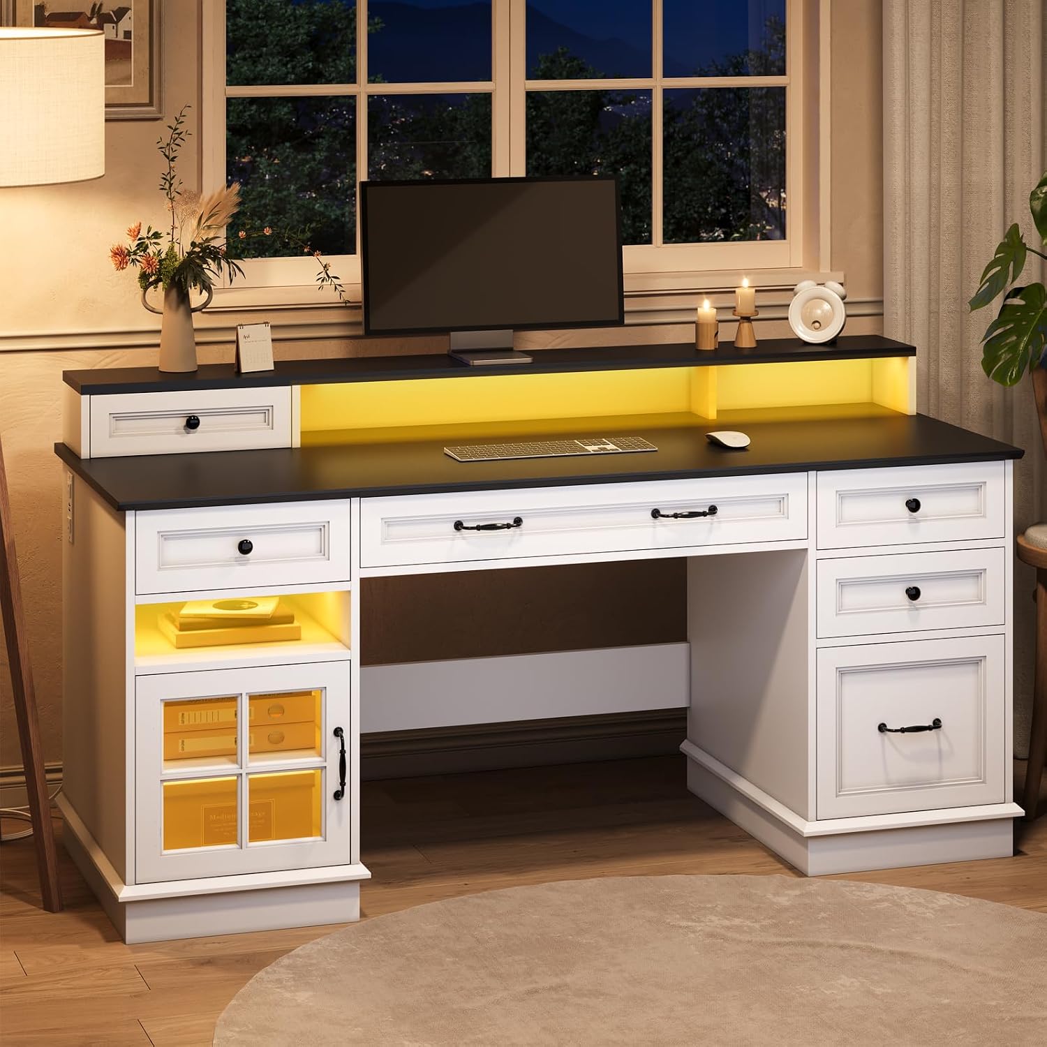 HAUOMS Farmhouse Executive Desk with Drawers Computer Desk with File Drawers, Power Outlet and Led Lights, Executive Office Desk with Storage Cabinet and Monitor Shelf for Home Office, White