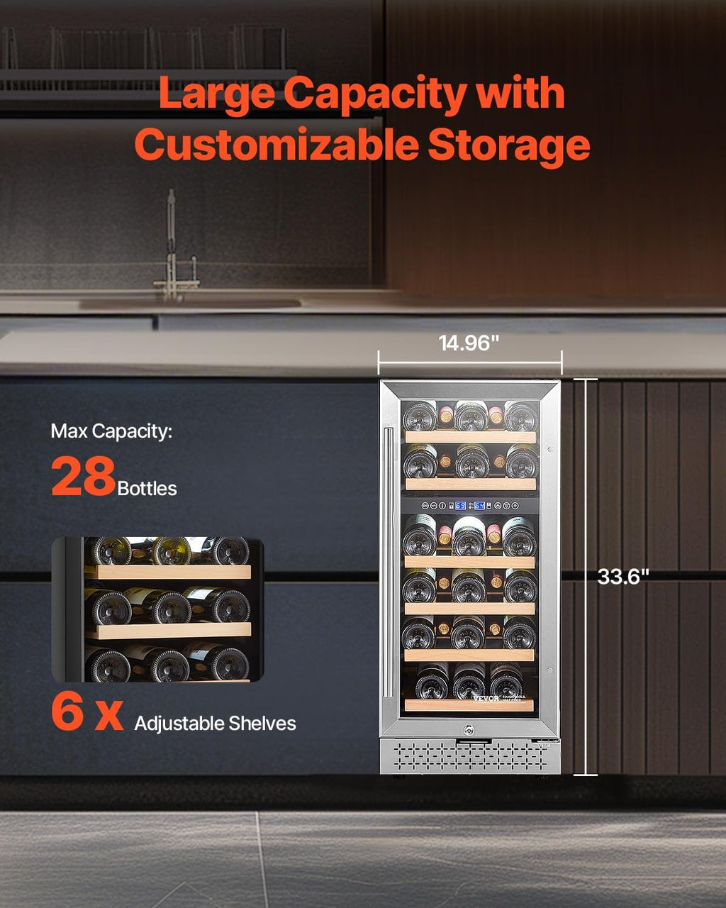 VEVOR Wine Cooler, 28 Bottle Dual Zone Wine Fridge, Mini Wine Cooler Refrigerator with Glass Door, Adjustable Shelves, Digital Temperature Control, Built-in & Freestanding Fridge for Home Office Bar
