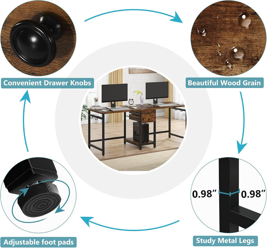 Tribesigns Two Person Desk, 79 Inch Double Desk with 2 Drawers, Large Computer Desk Long Desks with Storage Shelves, Writing Table Study Desk for Home Office, Rustic Brown (NY001)