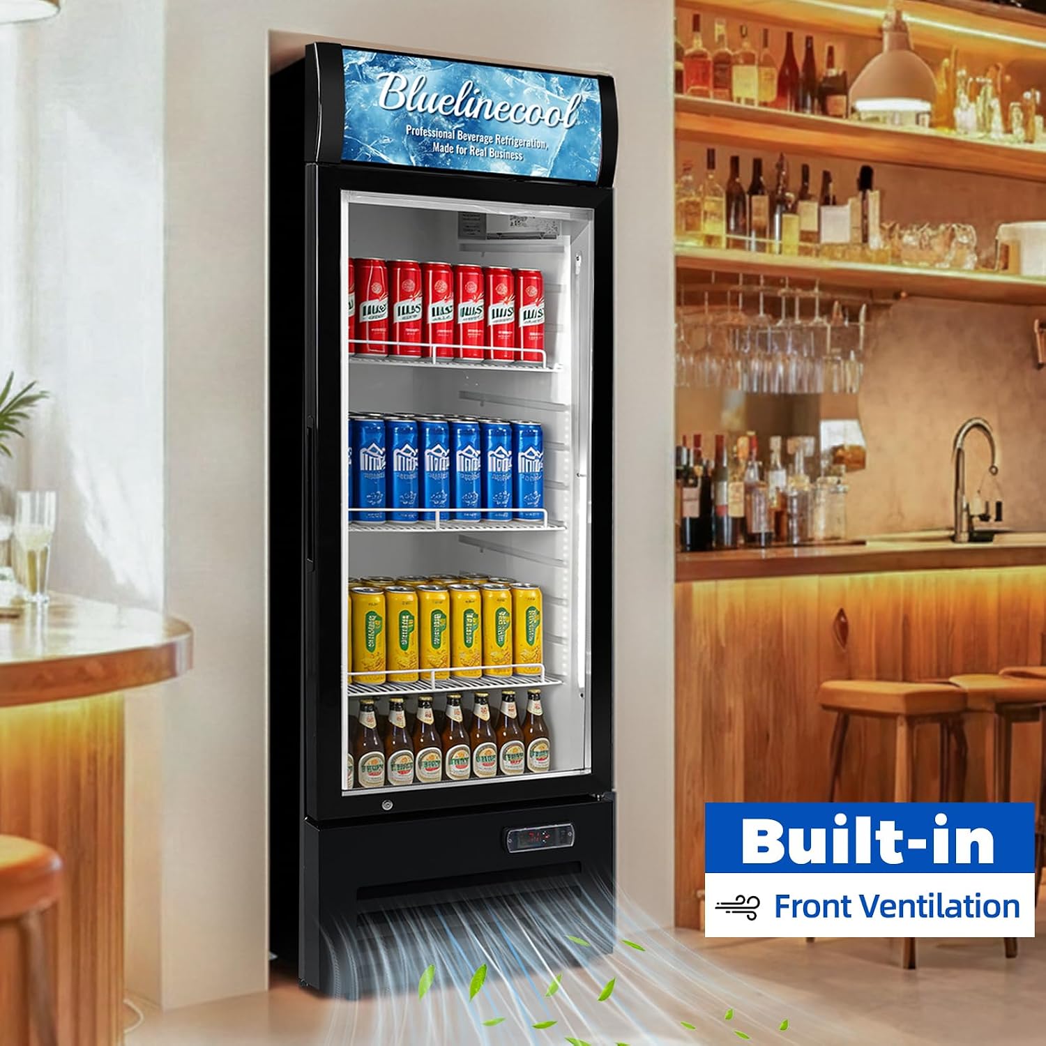 Commercial Refrigerators 9 Cu.Ft Upright Merchandiser Drink Cooler – Glass Door Beverage Fridge with LED Light, Adjustable Shelves, Lock Wheels – Display Refrigerator for Beer, Bar, Shop