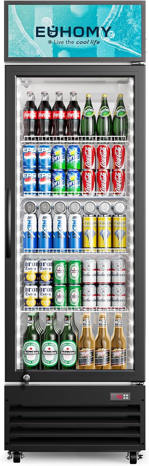 EUHOMY Commercial Display Refrigerator, 9 Cu.Ft Glass Door Merchandiser Drink Fridge with Soft LED Light Adjustable Shelves, Commercial Beverage Refrigerator for Bar, Restaurant, Cafe(Black)