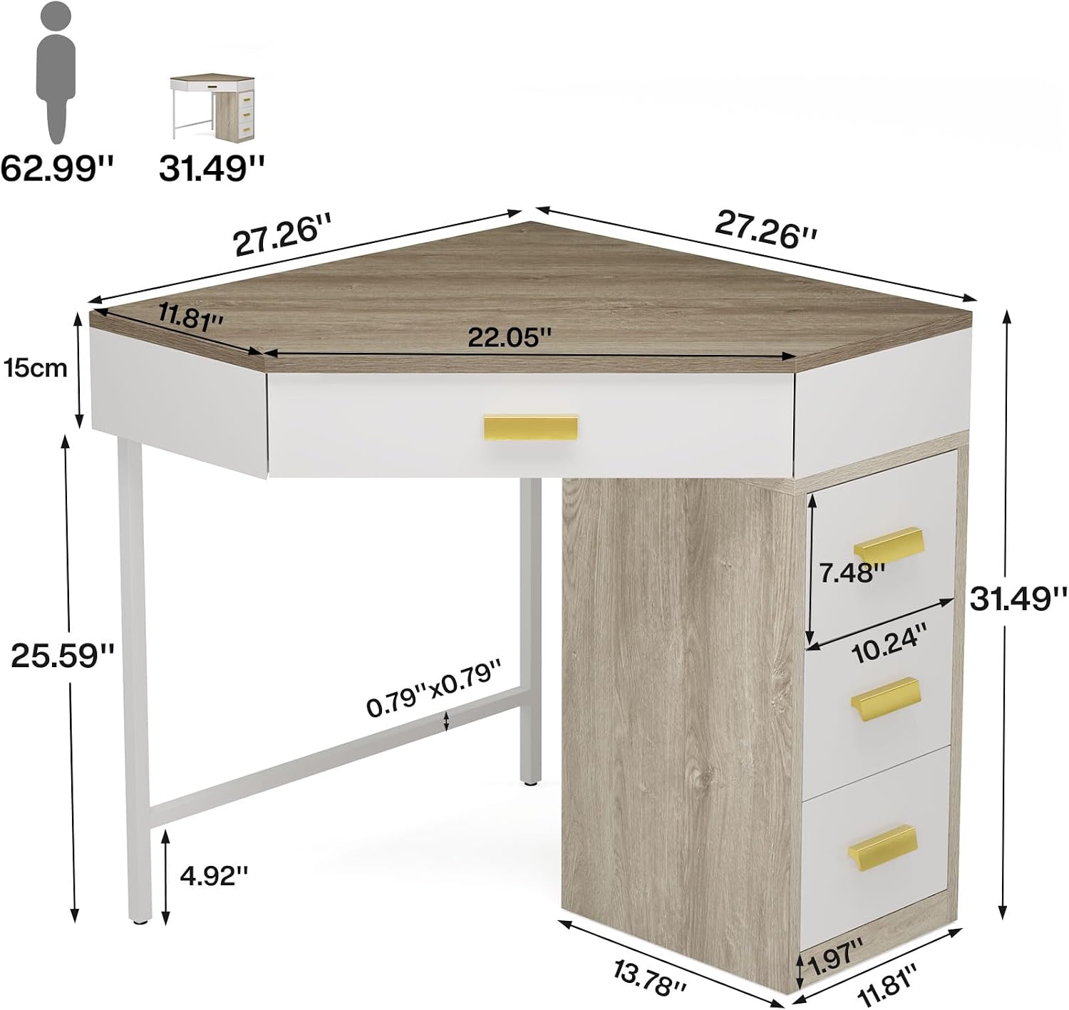 Tribesigns Corner Desk, Triangle Computer Desk with 3 Drawers, 90-Degree Writing Desk PC Table Makeup Vanity Desk with Storage for Home Office, Living Room, Bedroom (Grey+White)