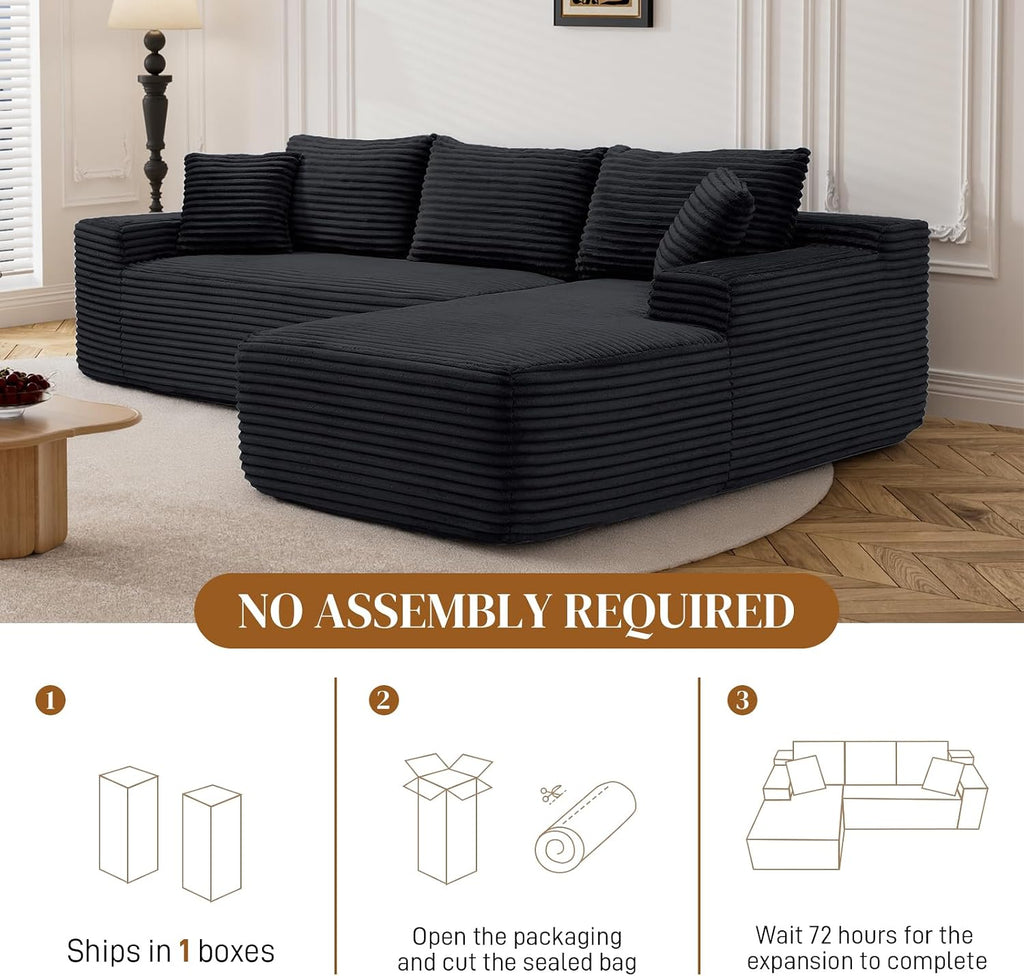 95' L Shaped Boneless Sectional Couches, Wide Armrest, Deep Seat, Memory Foam, Assembly Free, Modern Comfy Corduroy Fluffy Cloud Sofa with Right Chaise for Living Room, Small Spaces, Black