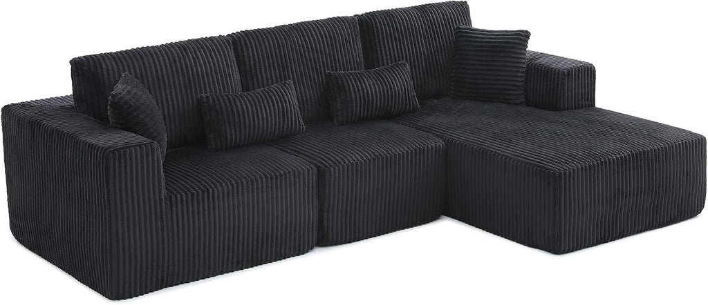 L Shaped Modular Boneless Sectional Couches for Living Room, Wide Armrest, Deep Seat, Memory Foam, Assembly Free, Modern Comfy Corduroy Fluffy Cloud Sofa with Right Chaise, Black