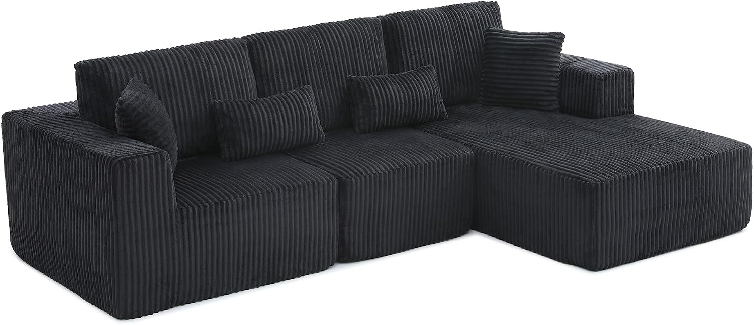 L Shaped Modular Boneless Sectional Couches for Living Room, Wide Armrest, Deep Seat, Memory Foam, Assembly Free, Modern Comfy Corduroy Fluffy Cloud Sofa with Right Chaise, Black