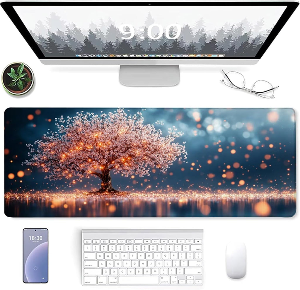 Tree Mouse Pad, Gaming Mouse Pad 64x32in, Desk Mat with Stitched Edges, Large Mousepad Waterproof, Gaming Accessories Keyboard Mat, Office Desk Accessories, for Gamer Computer Office Home, Pink A-7973