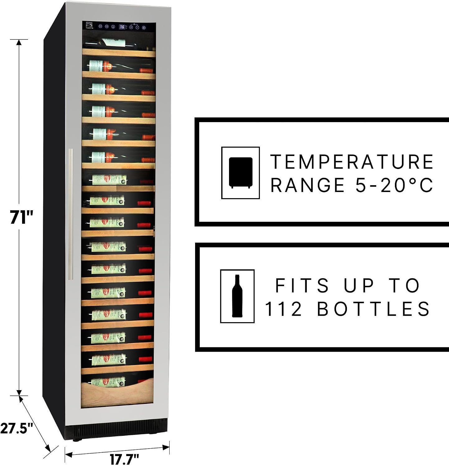 Koolatron Kenmore 112 Bottle Wine Fridge – Freestanding Wine Cooler with Glass Door, 18 inch, Beverage Can Refrigerator, Digital Temperature Control, Ideal for Red, White, Sparkling Wine & Champagne