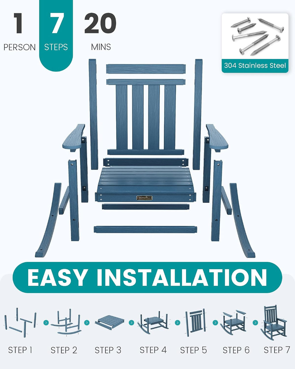 SERWALL SEWALL Oversized Outdoor Rocking Chair with Cushion, Patio Rocking Chairs for Porch, Blue HDPR Rocker+Flower Cushion