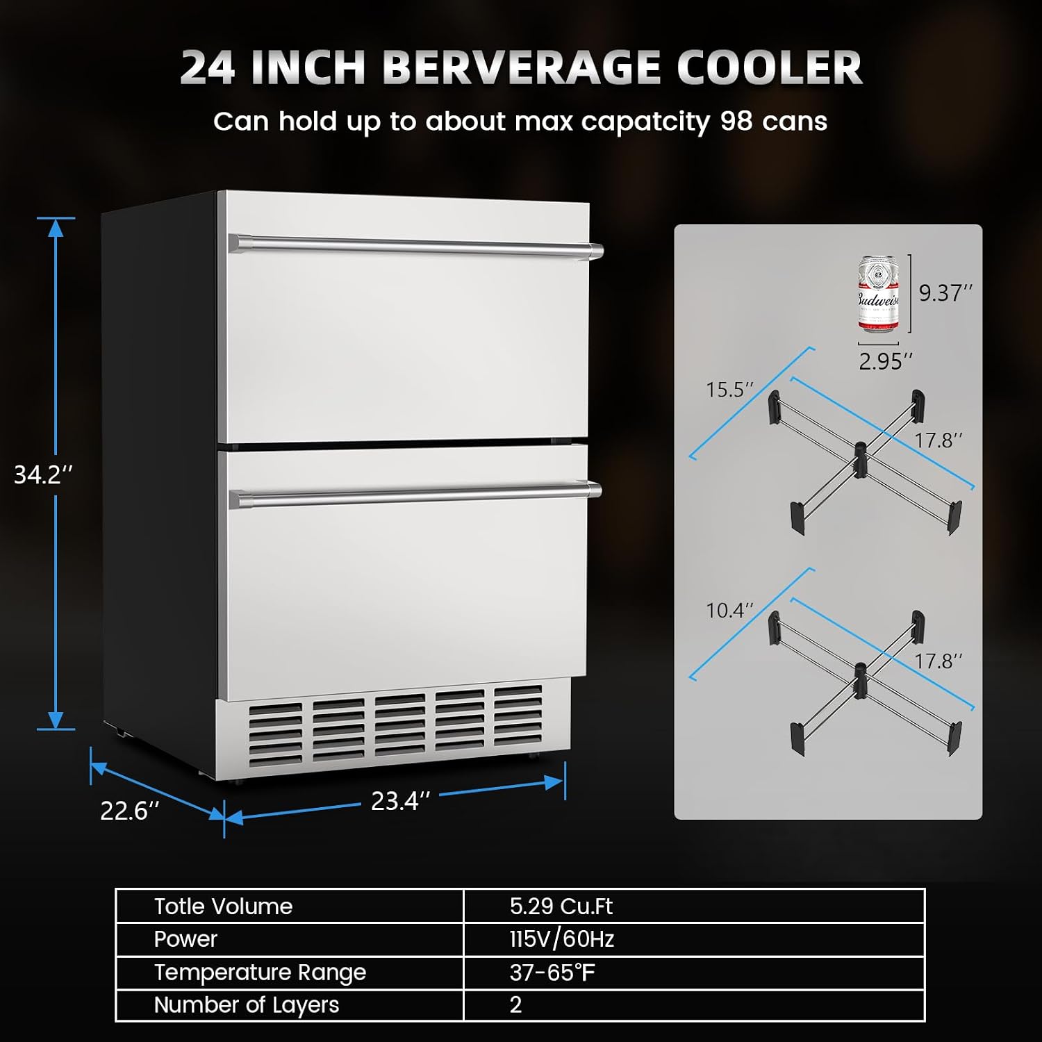 Mojgar 24 Inch Under Counter Double Drawer Fridge,Two Drawer Refrigerator Indoor Beverage Refrigerator, Stainless Steel Beverage Fridge for Home & Commercial Use (Foam Door)
