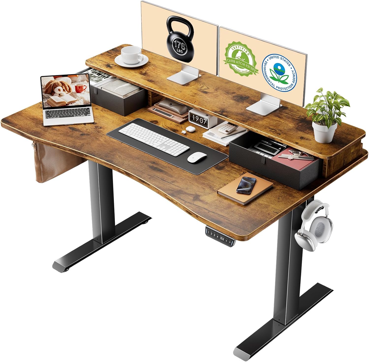 Veken 47.2'×27.6' Standing Desk with Storage Drawers, Adjustable Height Computer Table with Monitor Shelf, Home Office Desk for Study, Gaming, Workstation, Brown