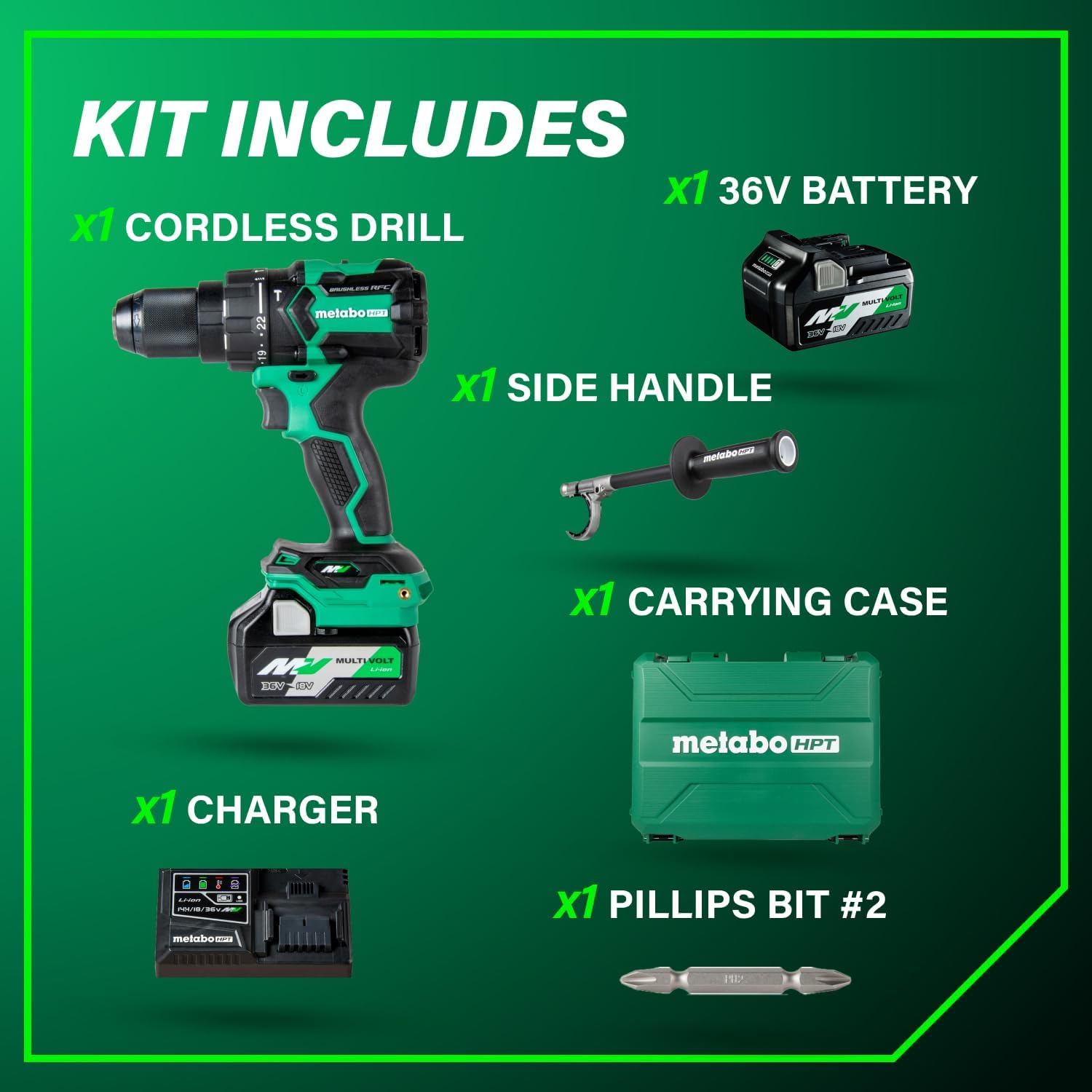 Metabo HPT 36V MultiVolt™ Cordless Brushless 1/2' Hammer Drill Kit, Power Drill Kit with Lithium-Ion Metabo Batteries , Case and Charger, Compact Lightweight Power Tool, DV36DC