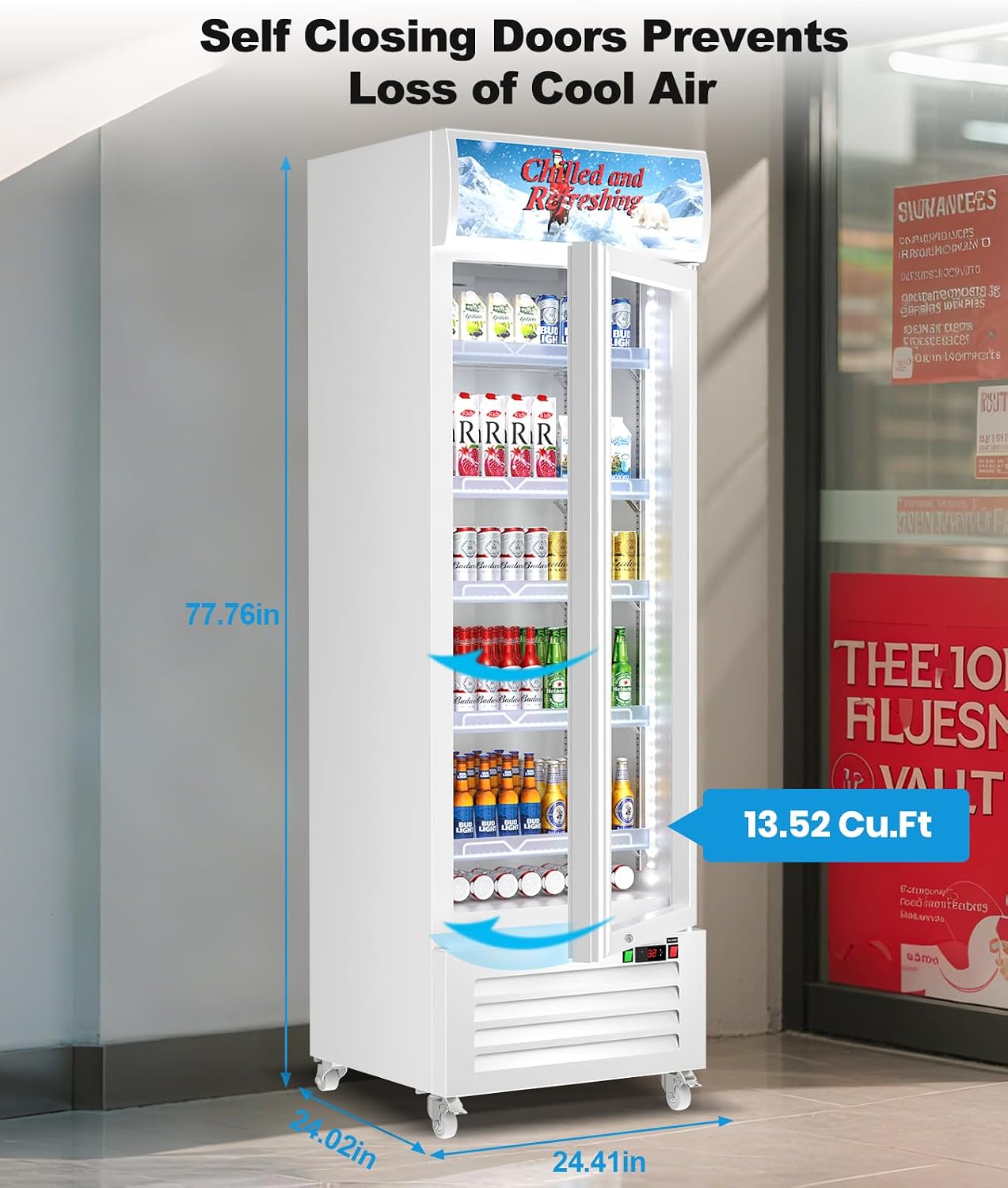 Tylza Commercial Refrigerator with Glass Door Display Beverage Fridge, 13.52 Cu Ft Upright Beverage Cooler Merchandiser with Rebound Door, Fast Cooling, Low Noise, White