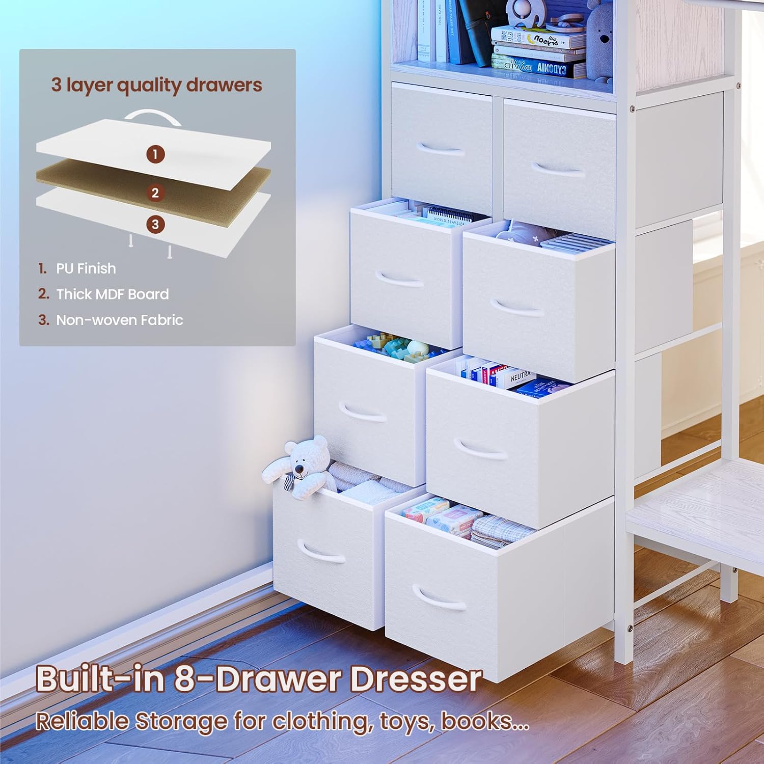 ADORNEVE Twin Size Loft Bed with Desk, 11 Storage Drawers & RGB LED Lights, Metal Loft Bed with Power Outlet, Shelves & Clothing Rack, 13.4' H Safety Guard & Paded Ladder, White