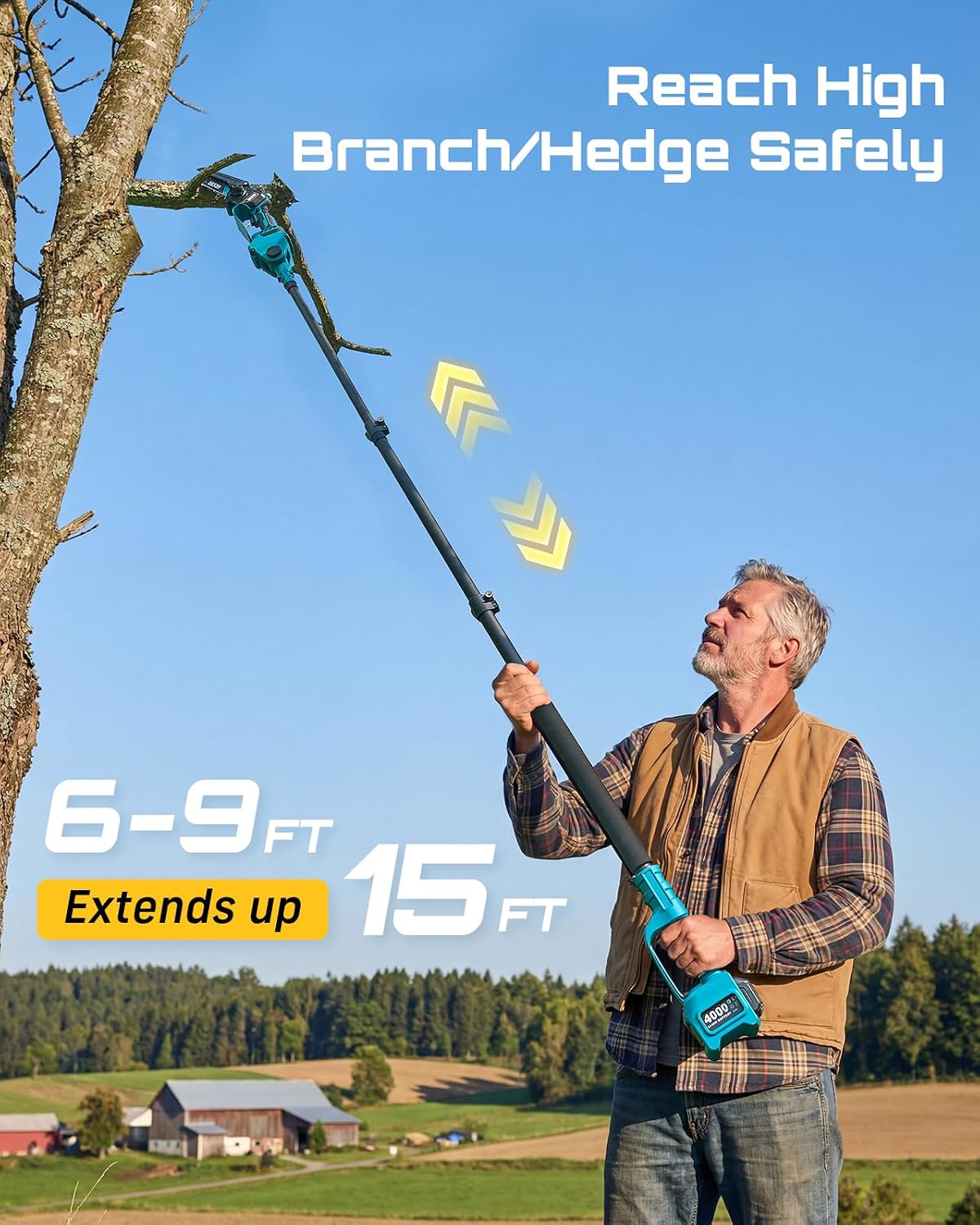 SEESII 6-in-1 Cordless Pole Saw & Hedge Trimmer Combo, Electric Mini Chainsaw with 2×4.0 Ah Batteries, Extendable Tree Pruner, Bush Trimmer Limb Branch Cutter, Grass Shears, 15Ft Long Reach