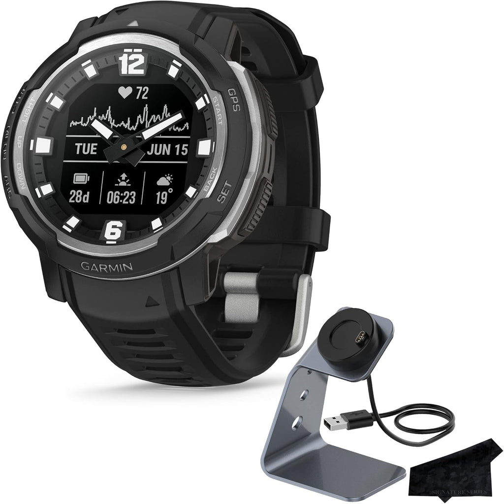 Garmin Instinct Crossover, Rugged Hybrid Multisport GPS Smartwatch, Black | Heart Rate Monitor, Analog Hands and Digital Display, Up to 28 Day Battery Life with Signature Series Charging Bundle