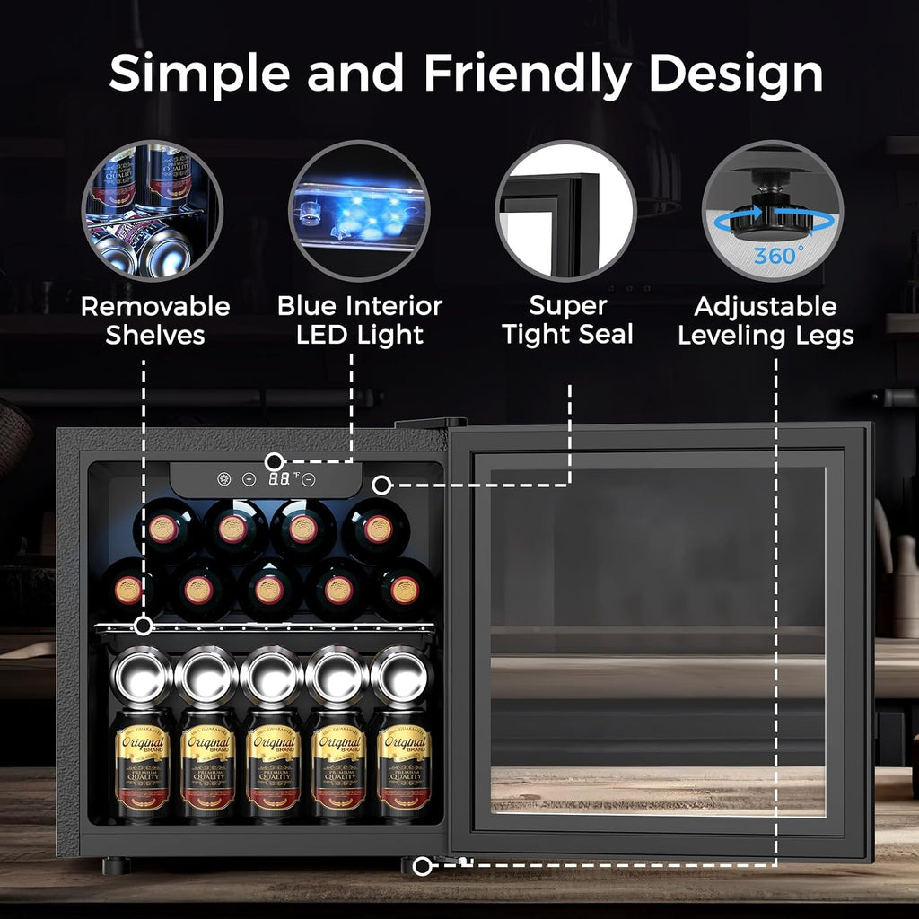 Kndko Mini Beverage Refrigerator - 48 Can Mini Fridge with Digital Temperature Control, LED Light, Reversible Door, Perfect for Home, Office, Bar, and Game Room - 1.3 Cu.Ft, Black