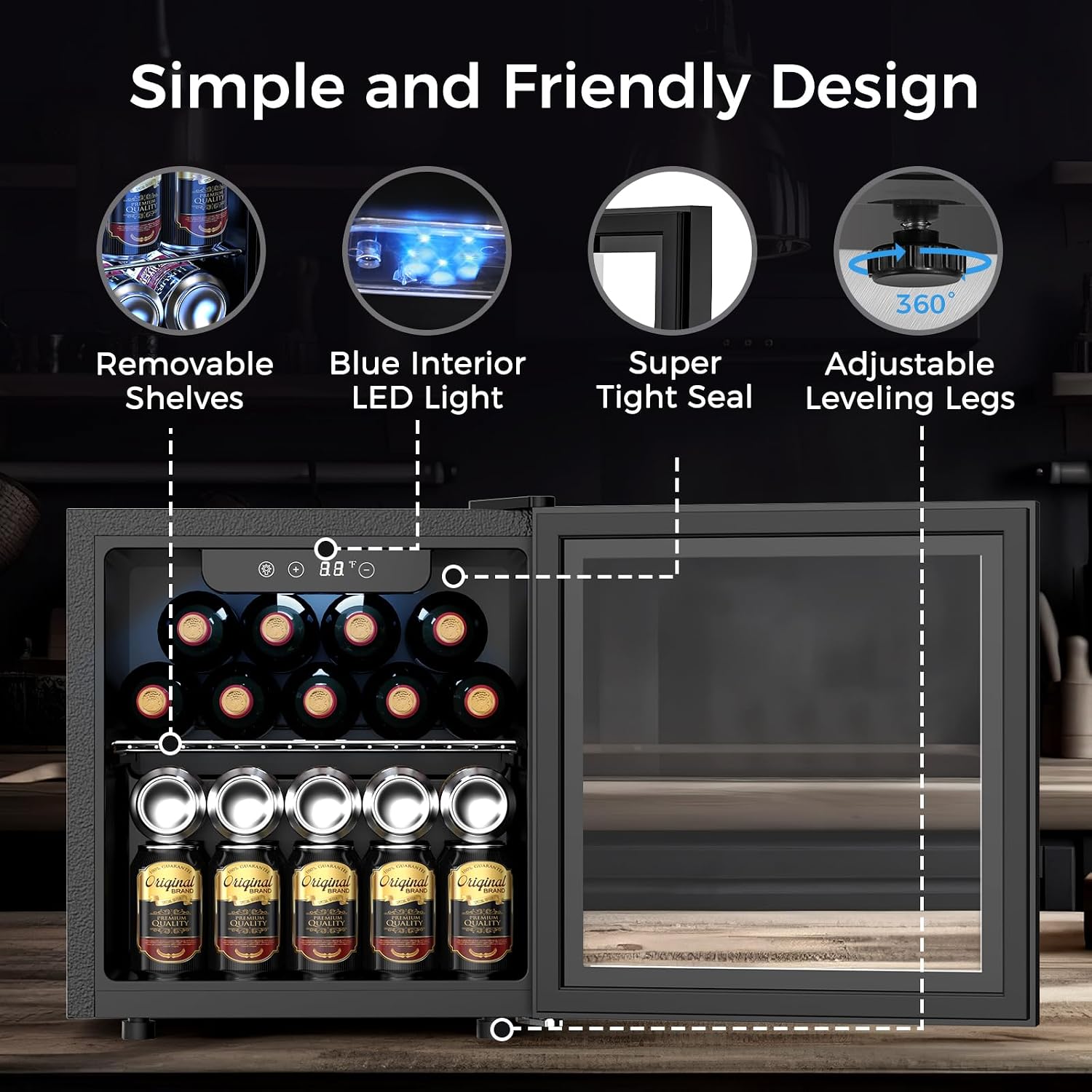 Kndko Mini Beverage Refrigerator - 48 Can Mini Fridge with Digital Temperature Control, LED Light, Reversible Door, Perfect for Home, Office, Bar, and Game Room - 1.3 Cu.Ft, Black