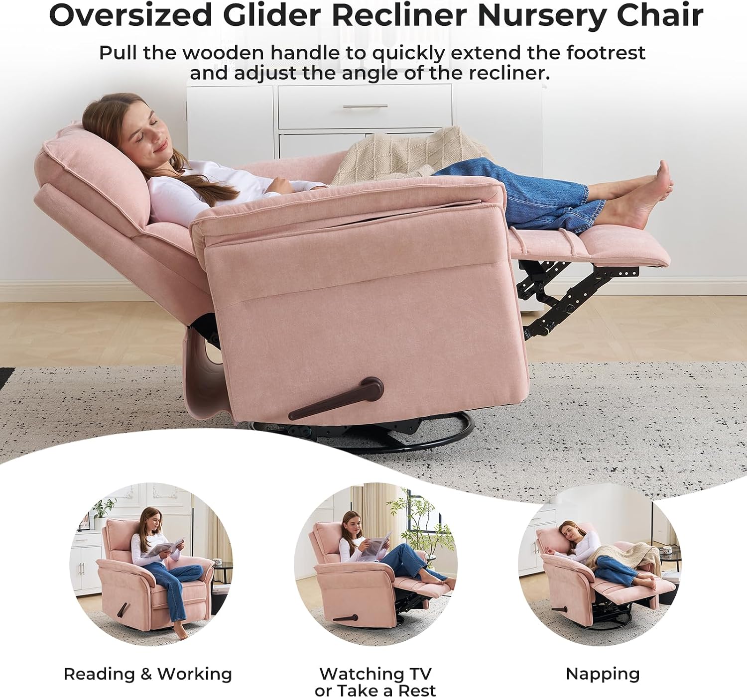 Oversized Recliner Chair, 26' Extra Wide 360° Swivel Rocker Recliner with Adjustable Headrest, Chenille Glider Rocking Nursery Chair with Overstuffed Armrest, Lumbar Support, Pink