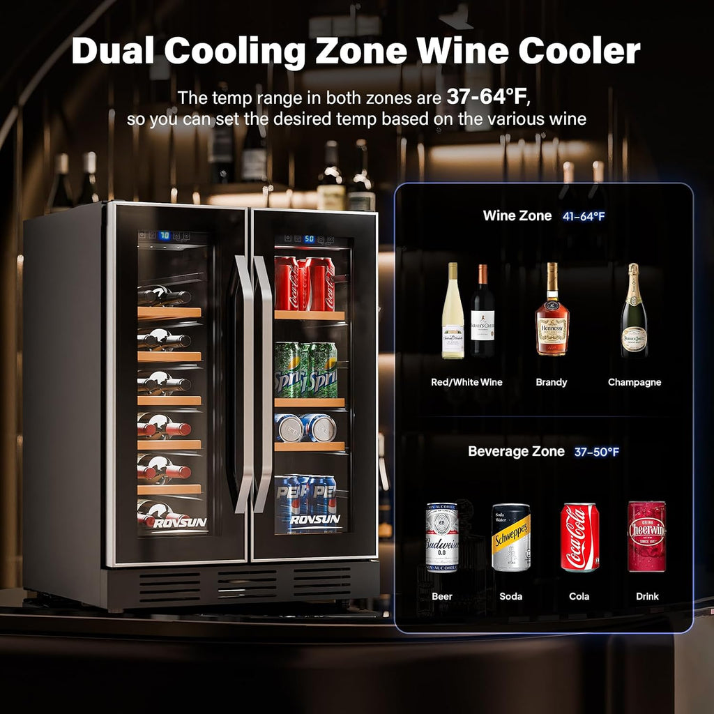 ROVSUN Dual Zone Wine and Beverage Refrigerator, 34 Bottle Wine Fridge with 2 Glass Door & Digital Temperature Control, Built-in/Freestanding/Under Counter Wine Cooler Chiller for Wine Champagne Beer
