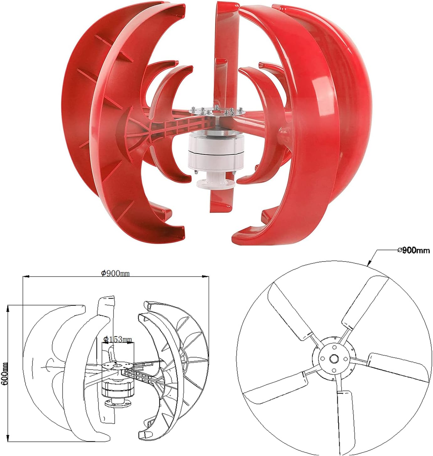 3000W Vertical Axis Wind Turbine Generator Low Noise Low Start Wind Speed 12V 24V 48V Windmill Off Grid System with MPPT Charger(Red)