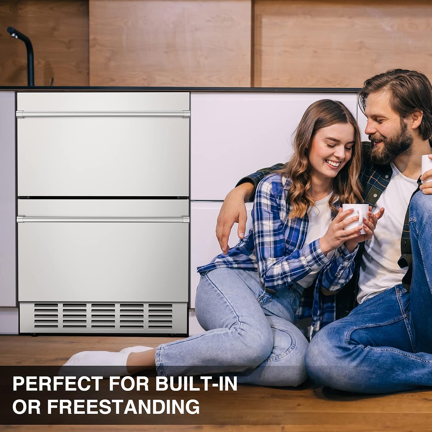 Mojgar 24' Under Counter Beverage Refrigerator, Indoor/Outdoor Fridge with Double Drawer Storage, Quiet 38dB Compressor & Weather-Proof Stainless Steel – Beverage Fridge for Home, Patios, Restaurants
