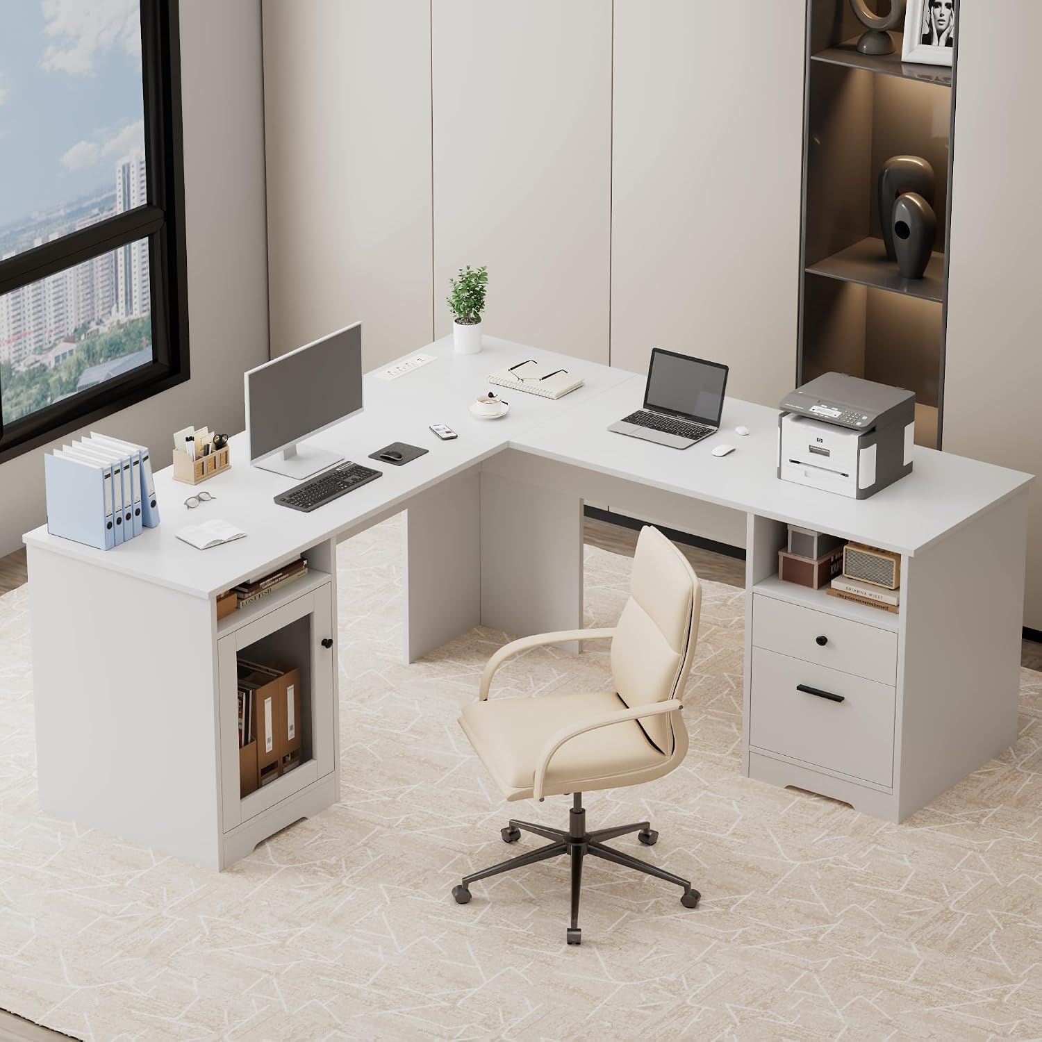 MU L Shaped Desk with File Drawer, 60 Inch Corner Desk with Storage Drawers & Cabinet, Large Home Office Table with Power Outlets, Wood Executive Office Desk, White