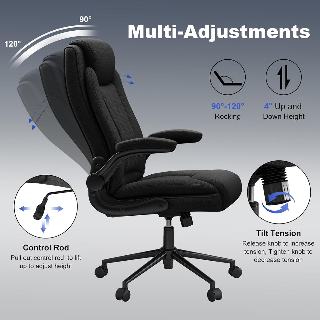 ralex-chair 2 Pack Big and Tall Office Chair -500 lb Heavy Duty Office Chair for Big Man, Fabric High Back Executive Office Desk Chair with 120° Tilt Rock,Computer Desk Chair with flip up arm - Black