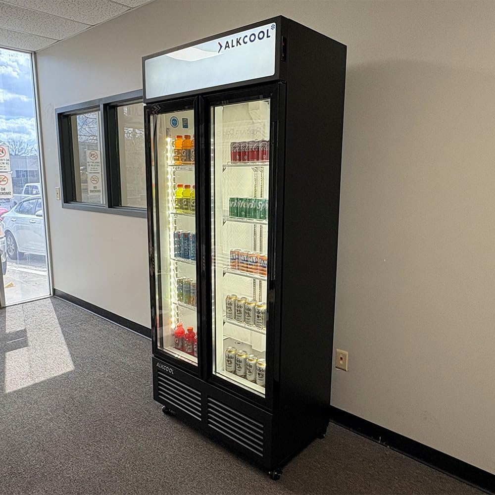 Commercial Beverage Refrigerator Display Fridge,19 Cu Ft Two Glass Door Upright Merchandiser Drink Cooler with LED Light Adjustable Shelves,ETL Approval,35.6' Wide Hinge Door