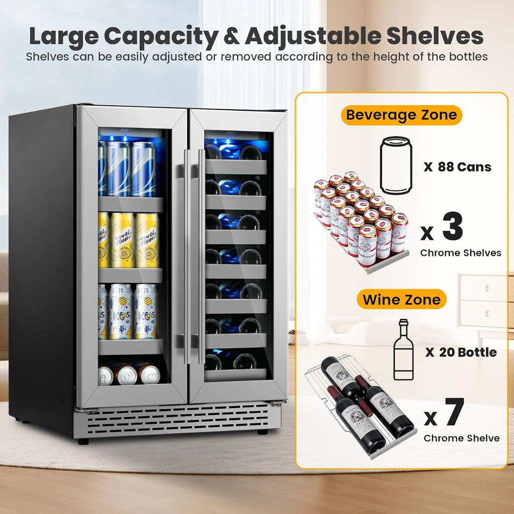 Wine and Beverage Refrigerator,24 inch Dual Zone Upgrade Compressor Wine Cooler 20 Bottle & 88 Cans,Built in or Under Counter Wine Fridge with Glass Door for Bar and Home