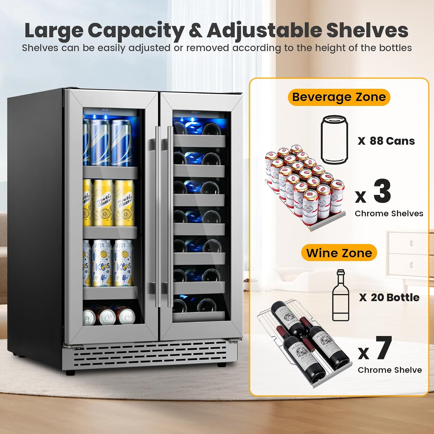 Wine and Beverage Refrigerator,24 inch Dual Zone Upgrade Compressor Wine Cooler 20 Bottle & 88 Cans,Built in or Under Counter Wine Fridge with Glass Door for Bar and Home