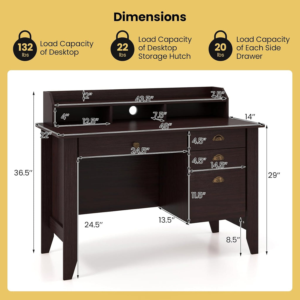 Tangkula Computer Desk with 4 Storage Drawers & Hutch, Home Office Desk Vintage Desk with Storage Shelves, Wooden Executive Desk Writing Study Desk (Brown)
