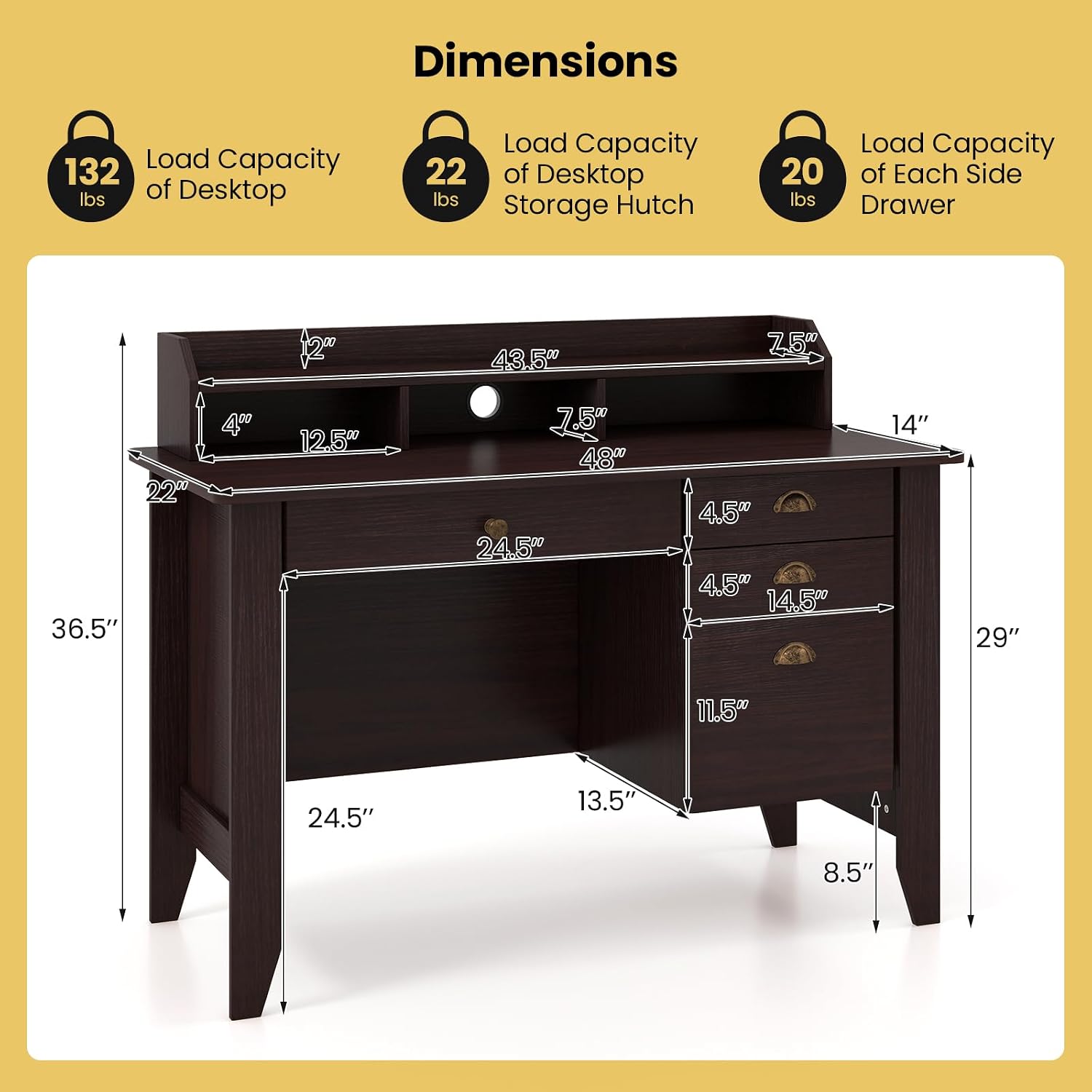 Tangkula Computer Desk with 4 Storage Drawers & Hutch, Home Office Desk Vintage Desk with Storage Shelves, Wooden Executive Desk Writing Study Desk (Brown)