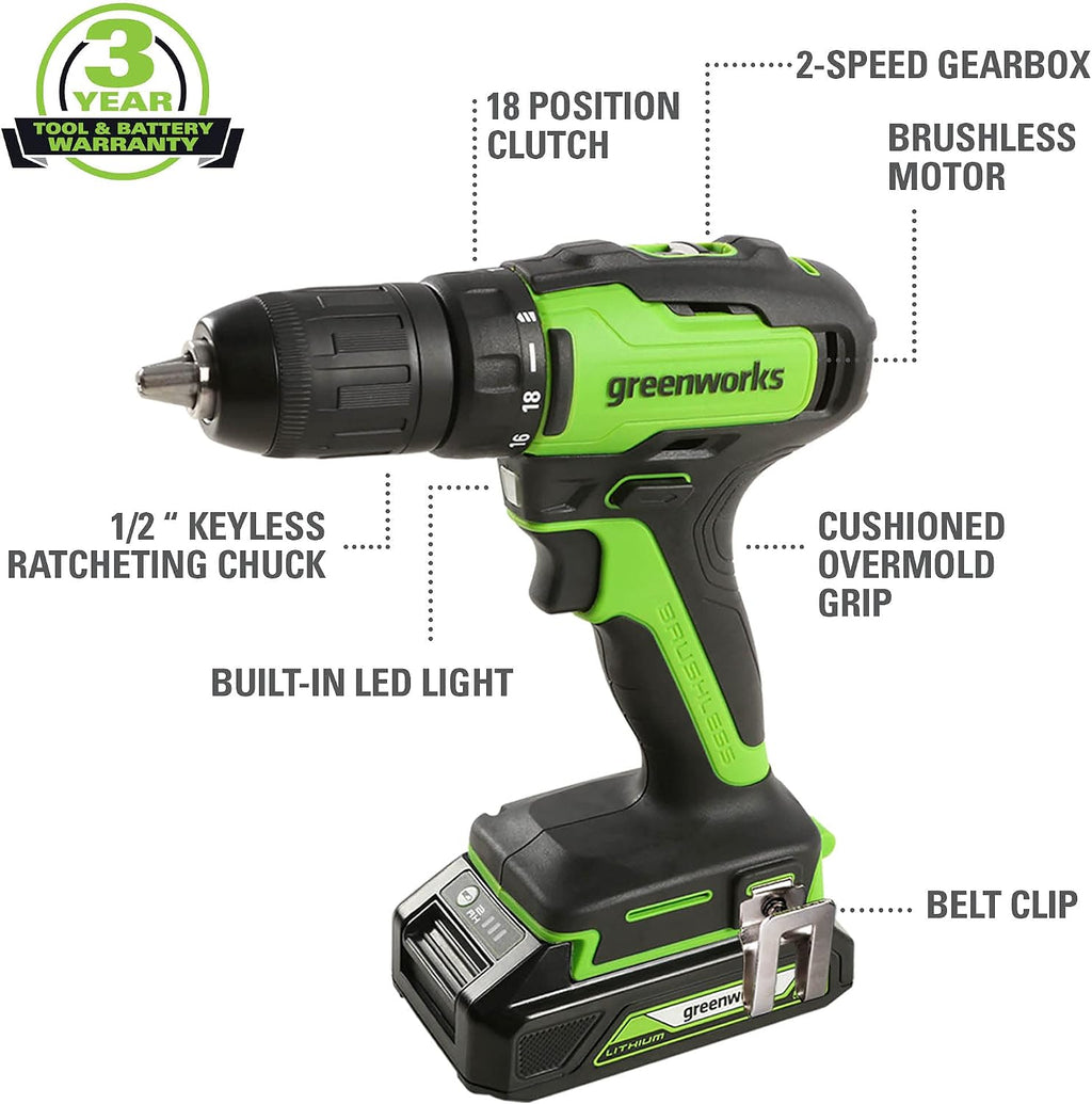 Greenworks 24V Brushless 310 in./lbs Drill / Driver + 2650 in./lbs Impact Driver Combo Kit, (2) USB (Power Bank) Batteries and Dual Port Charger Included LED Light, 2pcs Driving Bits with Tool Bag