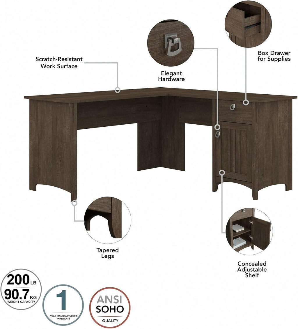 Bush Furniture Salinas L Shaped Desk with Hutch in Ash Brown, Corner Table with Drawers and Storage for Home Office